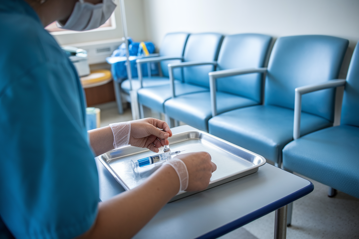 Operatore sanitario prepara una siringa in ambulatorio pediatrico