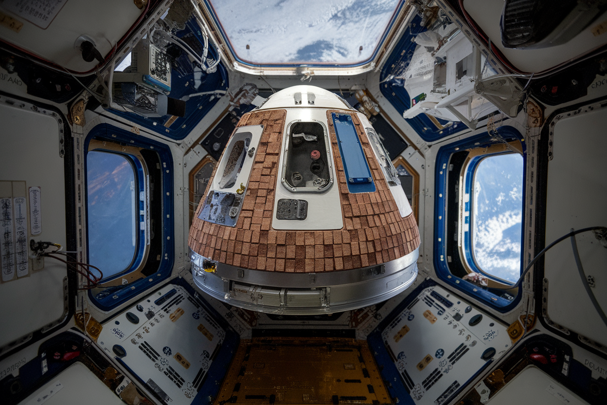 Capsula sperimentale KREPE-3 all'interno della Cygnus con materiali termici evidenti