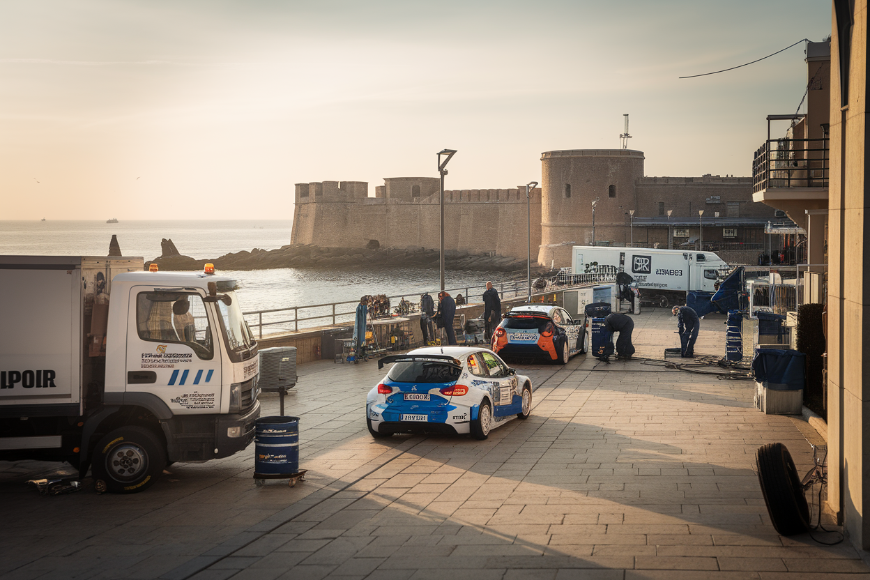 Parco assistenza del Rally sul lungomare di Alghero al tramonto