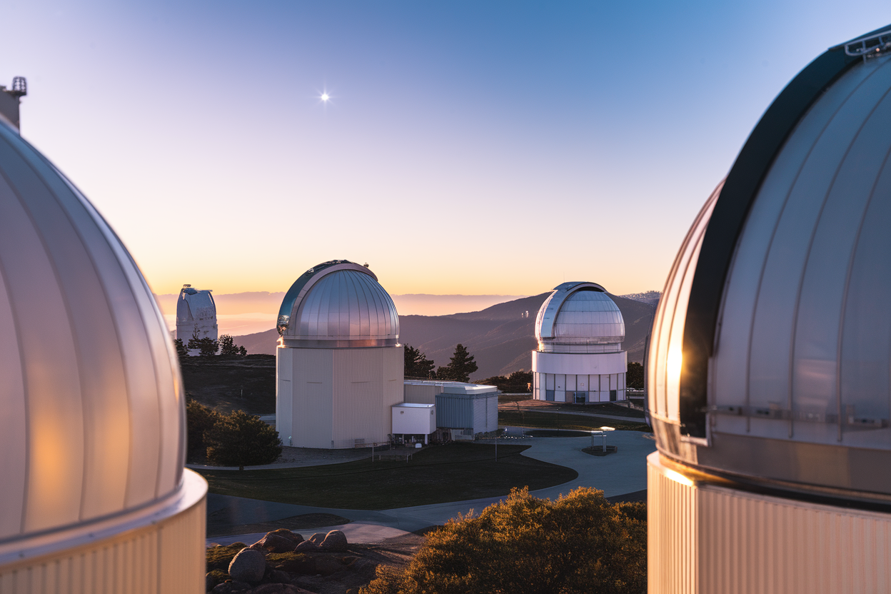 Array di telescopi sul Monte Wilson al crepuscolo con una stella visibile