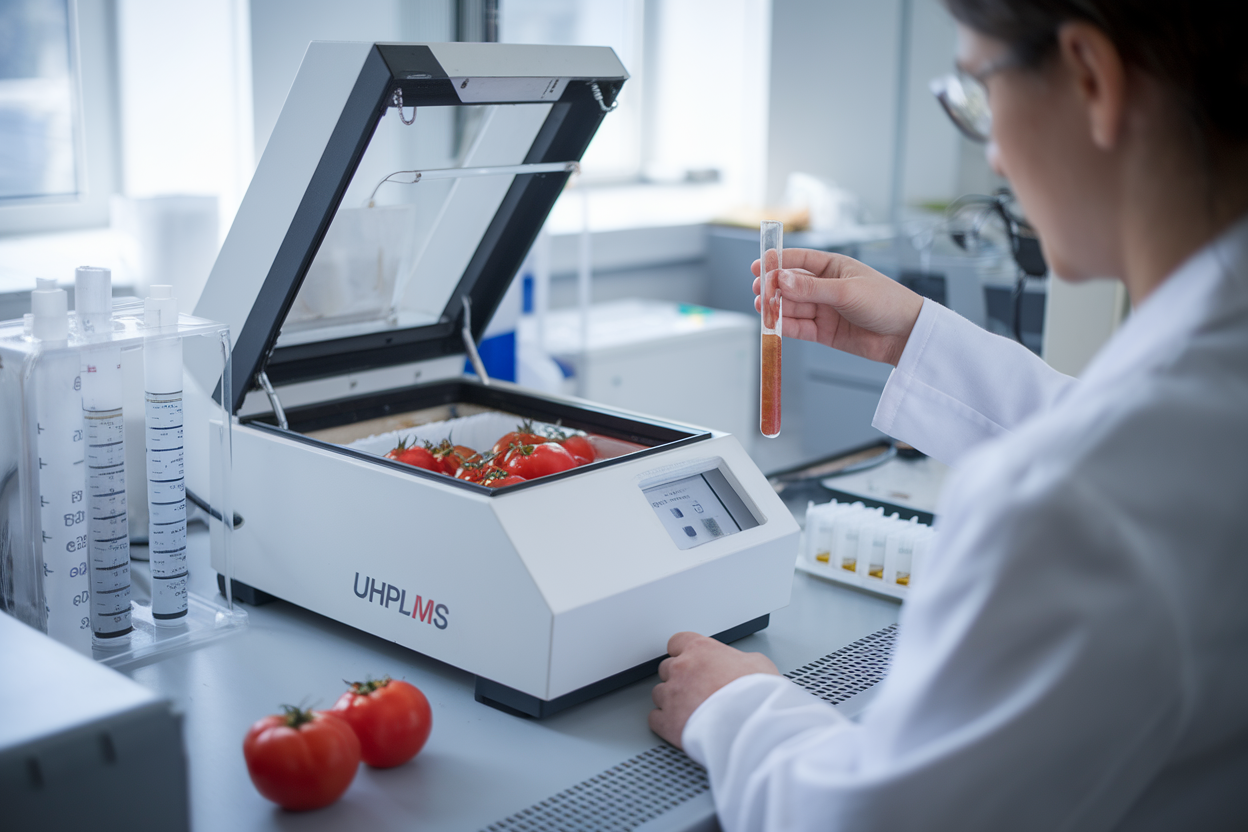 Laboratorio con strumentazione UHPLC-MS/MS e un campione di pomodoro