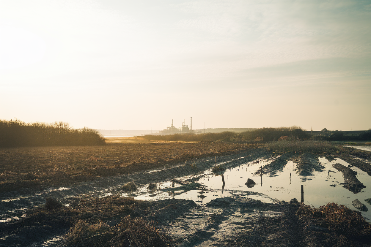 Campo agricolo allagato con impianti petroliferi sullo sfondo