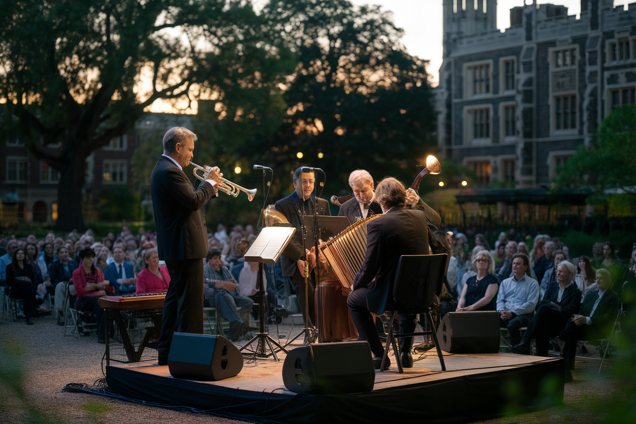 Concerto jazz all'aperto con tromba e bandoneon in giardino botanico