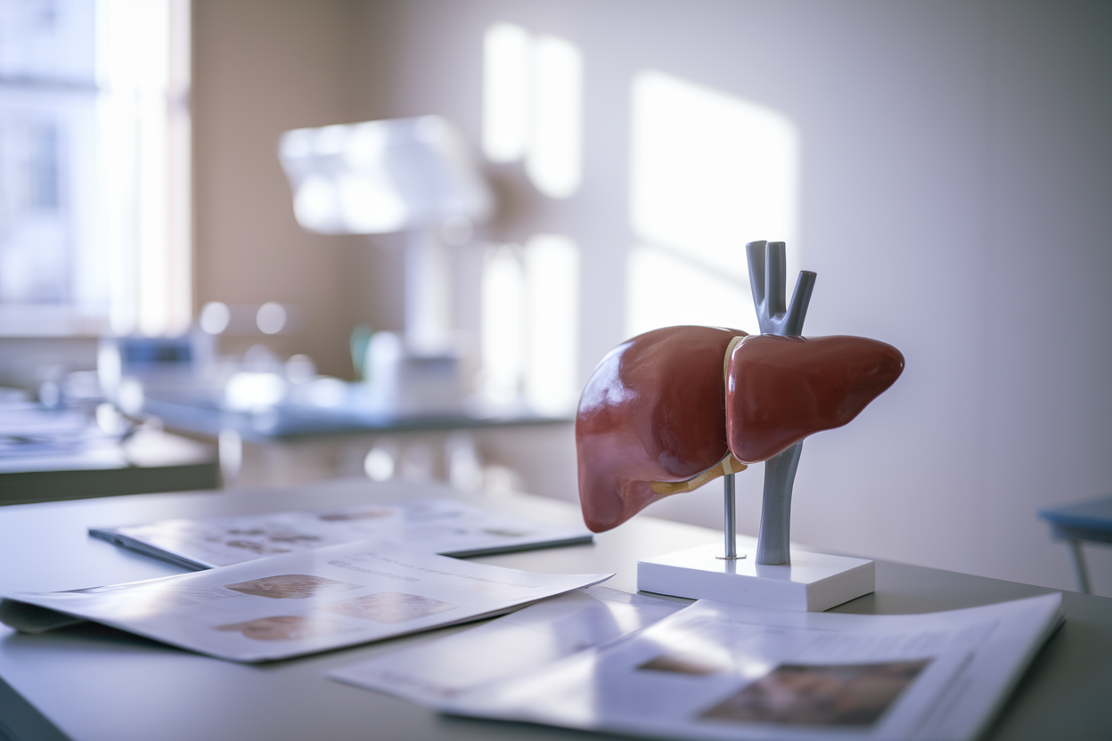 Modello anatomico del fegato su tavolo con documenti medici