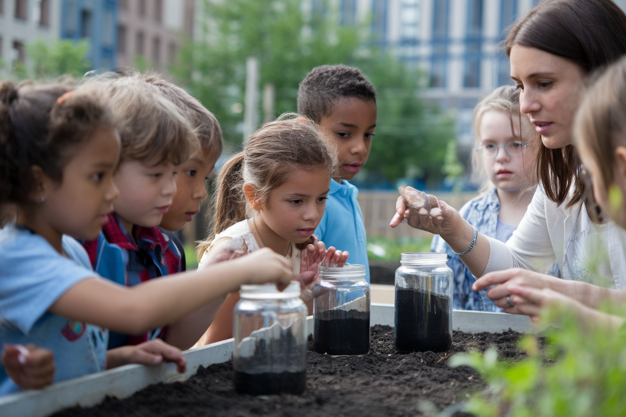 Bambini in giardino scolastico che osservano campioni di suolo