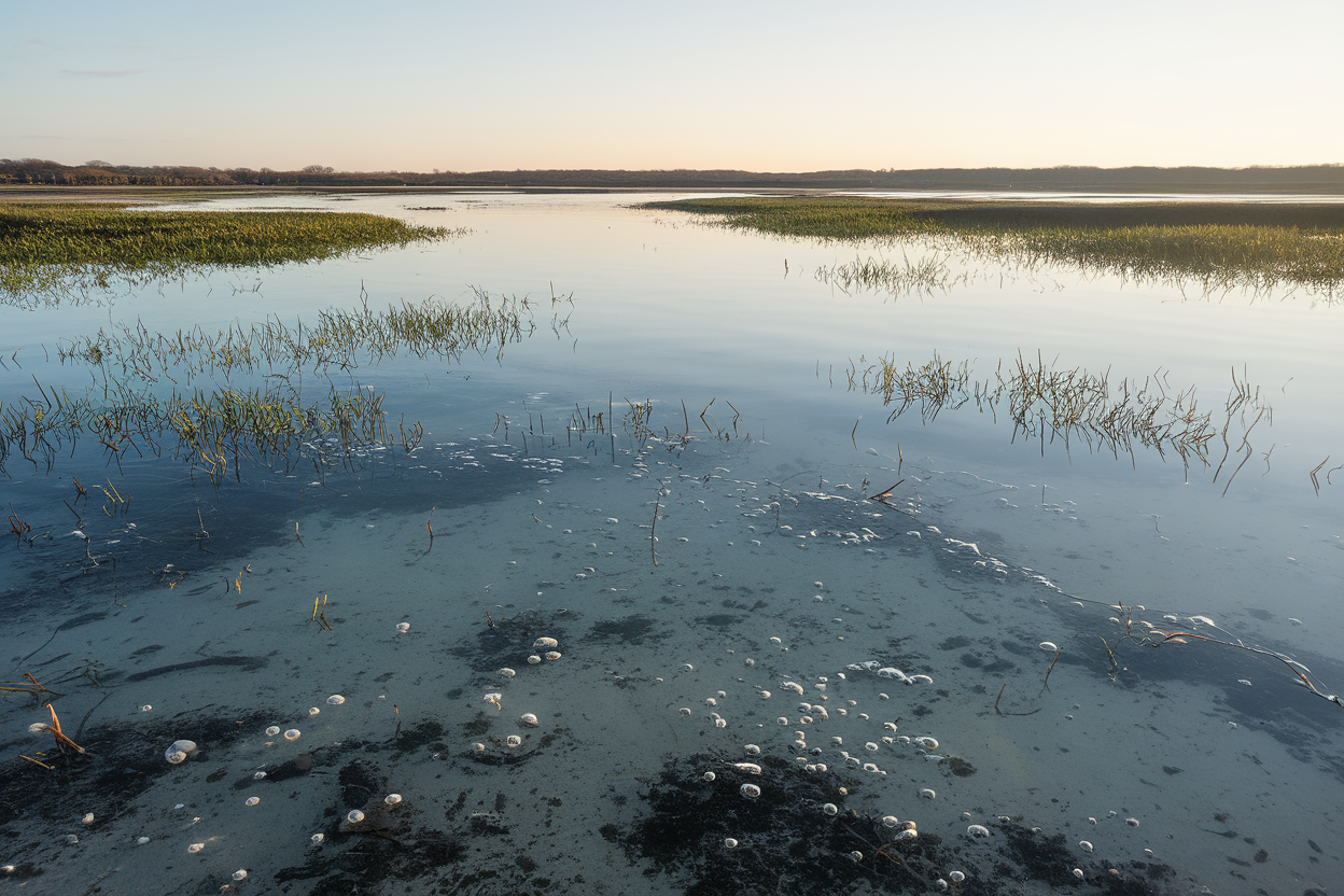 Scena costiera al mattino con sedimenti, alghe e bolle d’ossigeno