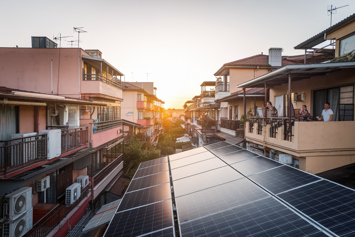 Quartiere urbano con unità di condizionamento e pannelli solari sul tetto