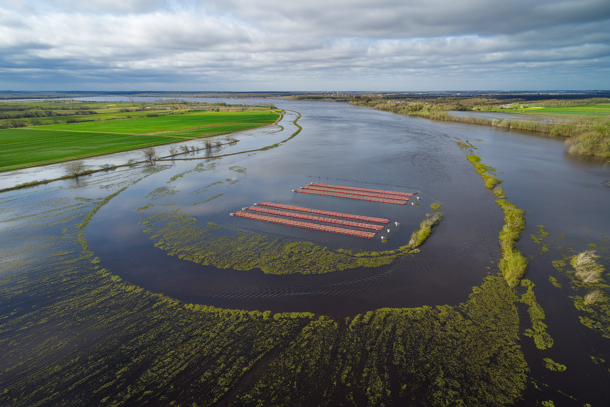 Veduta aerea satellitare falsa-color di terreni agricoli allagati e pannelli solari galleggianti