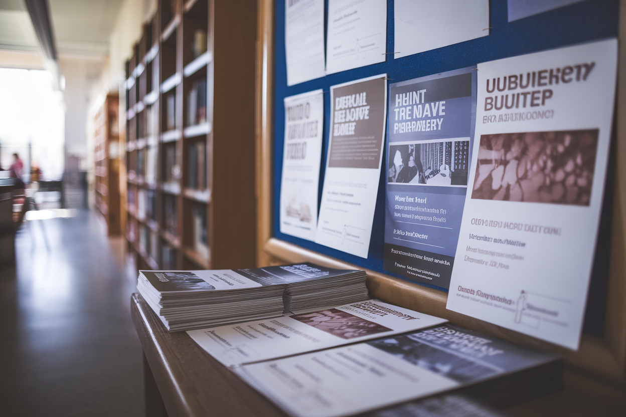 Bacheca universitaria con volantini di eventi e libri messi in evidenza