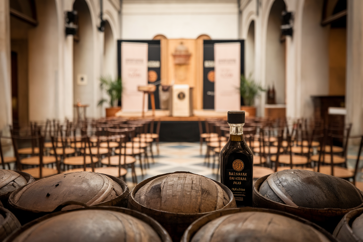 Sala con palco e bottiglia di aceto balsamico in primo piano