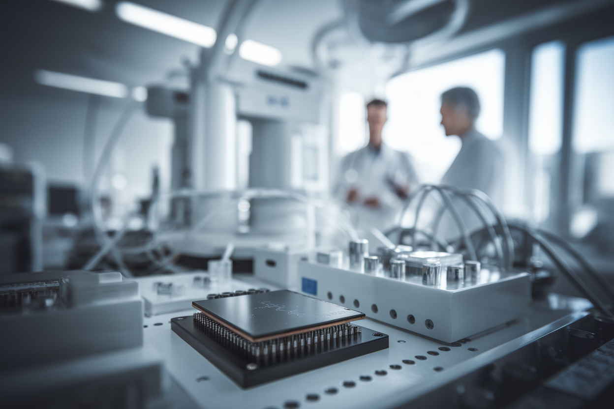 laboratorio con sensori terahertz e chip su wafer in primo piano