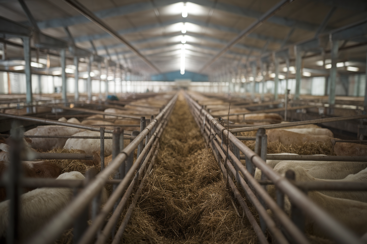 Interno di allevamento intensivo con recinti e animali ammassati