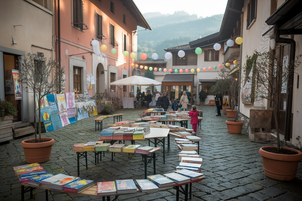 piazza di paese con libri e vasi di piante per un festival