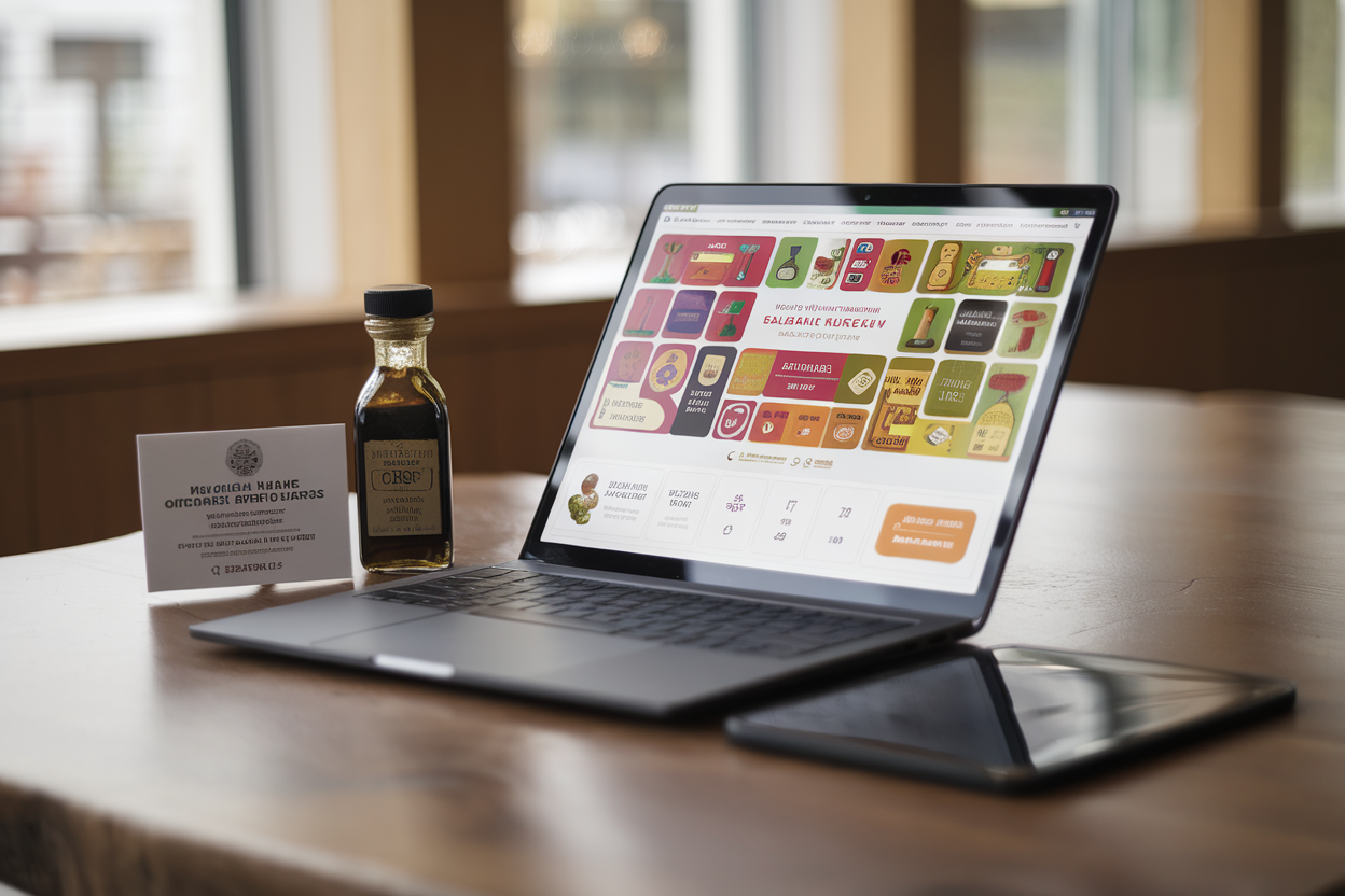 Notebook con web app e bottiglia di Aceto Balsamico sul tavolo