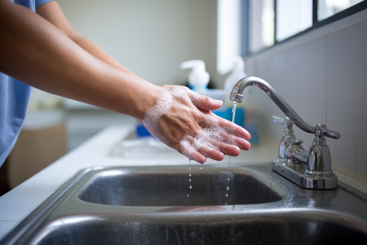 Primo piano di mani che si lavano con sapone e acqua calda