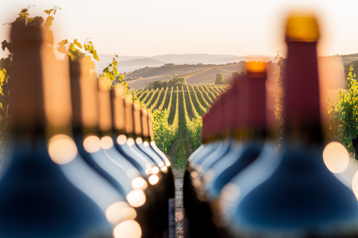 Bottiglie e vigneto del Lazio al tramonto, luce calda e vigneti
