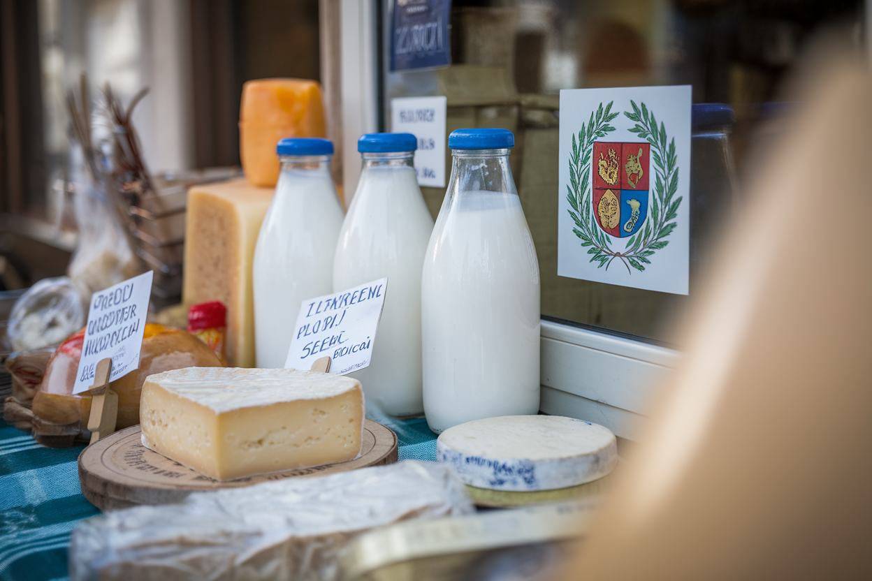 Bottiglie di latte fresco e prodotti tipici della filiera laziale sul banco