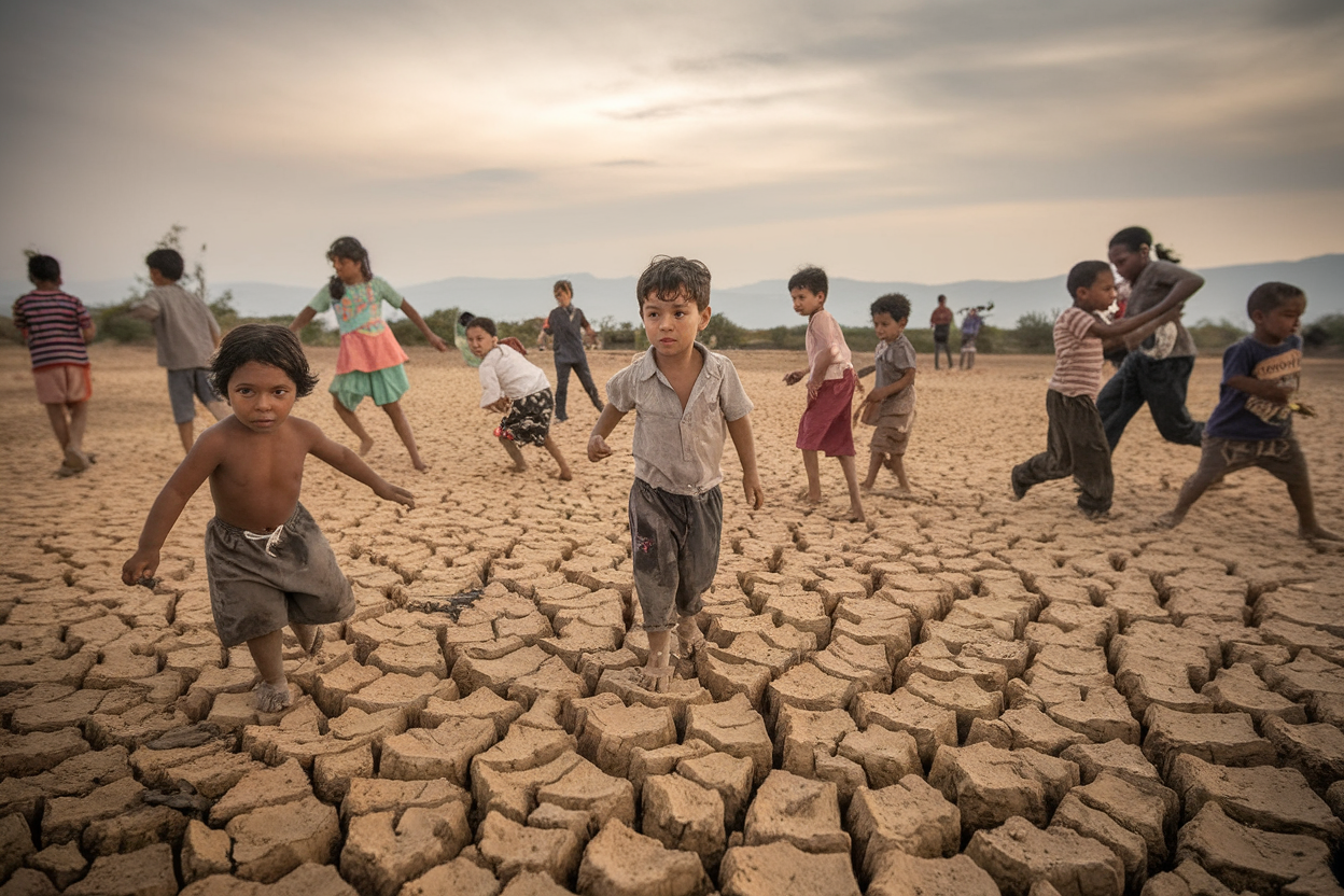 Bambini su terreno arido che illustra rischi climatici per la salute