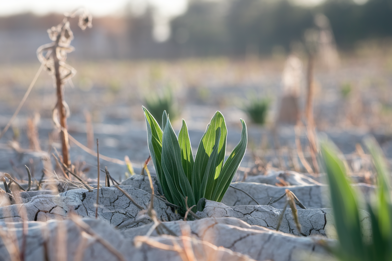 Foglia di Arabidopsis thaliana con stomi evidenti in campo arido