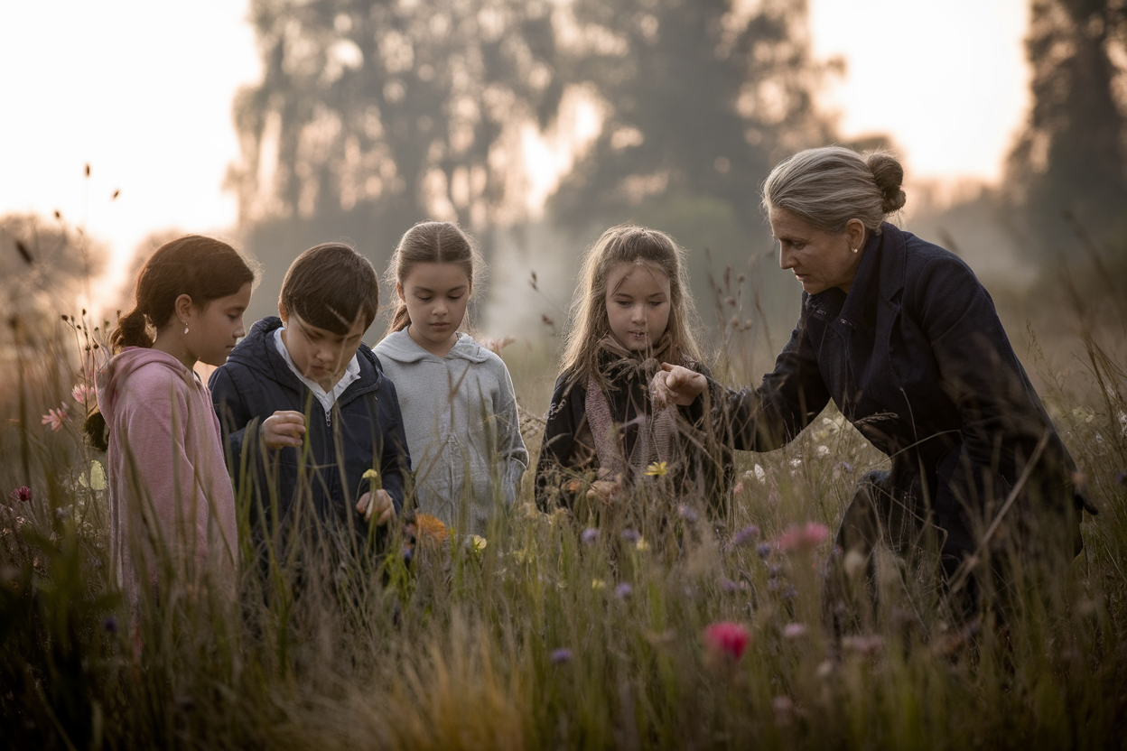 Classe scolastica che osserva fiori e piante nel prato della foresta