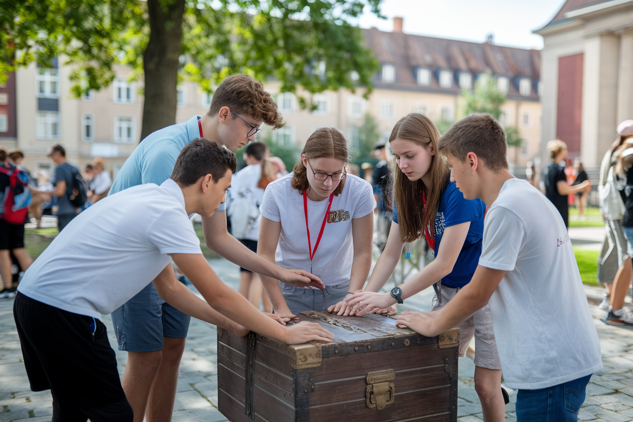 studenti in gruppi che risolvono enigmi universitari all'aperto