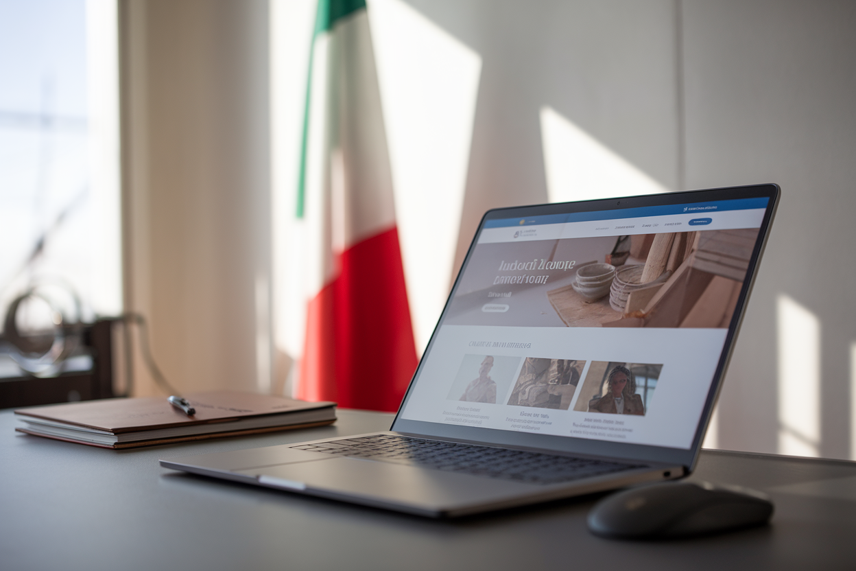 Scrivania con laptop e bandiera italiana sfocata sullo sfondo