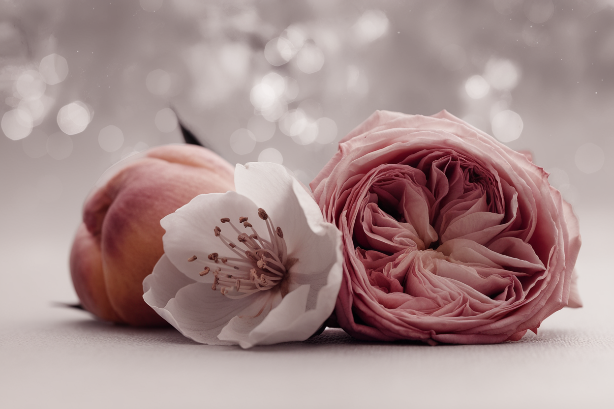 Primo piano di una rosa e di un fiore di pesco con molti petali